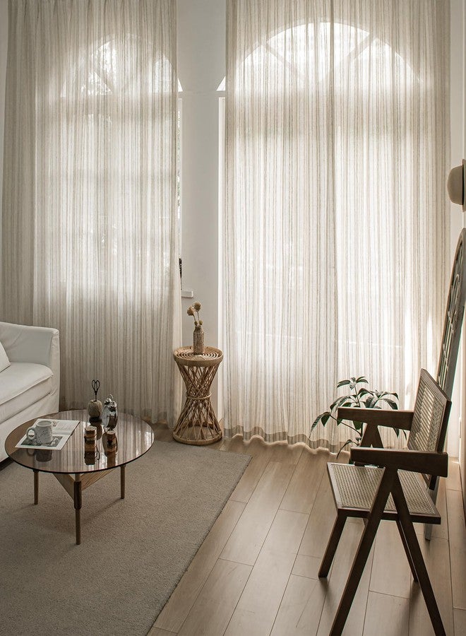 SUOUO Linen Textured Striped Semi-Sheer Curtains for Living Room 84 inches Long 2 Panels Rod Pocket Boho Light Filtering Window Drapes for Bedroom Dining - Image 2